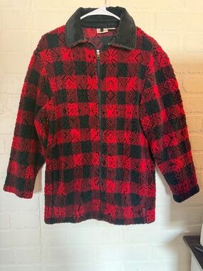 Woolrich Red & Black Check Teddy Jacket with Corduroy Collar